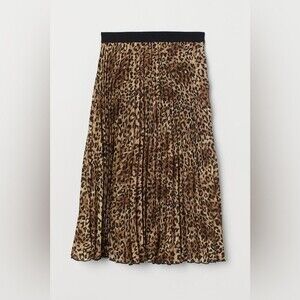 H&M NWT Size Small Pleated Midi Skirt Cheetah Leopard Print Elastic Long Lined